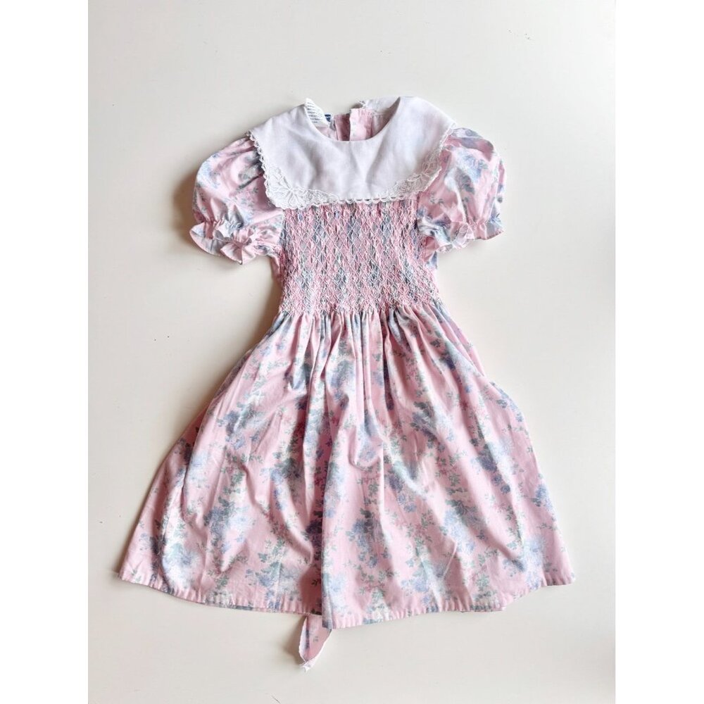 Vintage POLLY FLINDERS Pink Floral Polycotton Smocked Fit & Flare Dress, Size 7